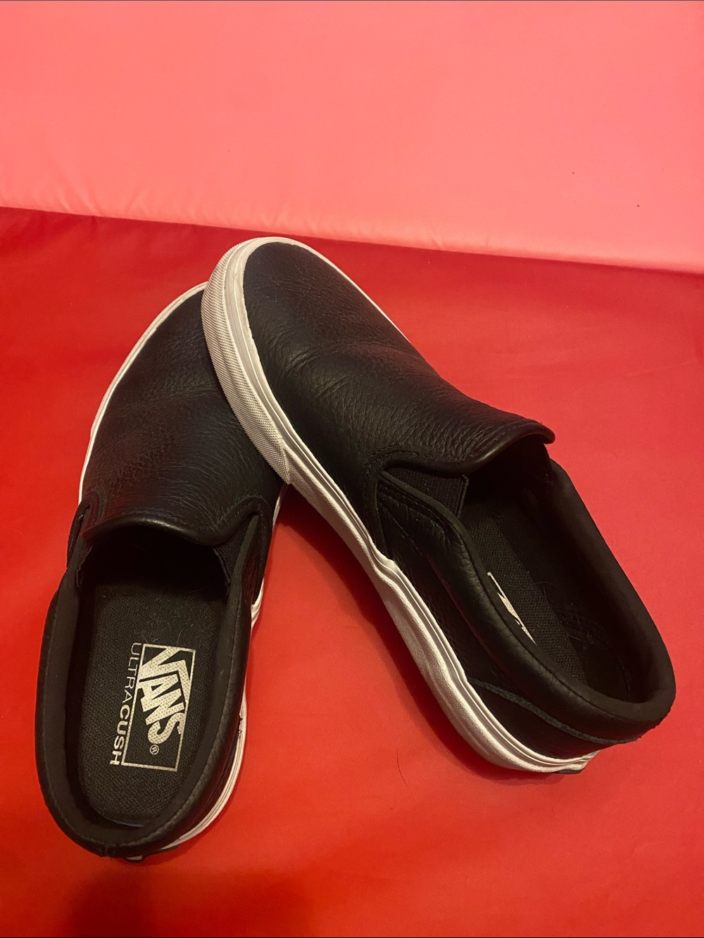 Vans Black Leather Slip-On Loafers with White Sole